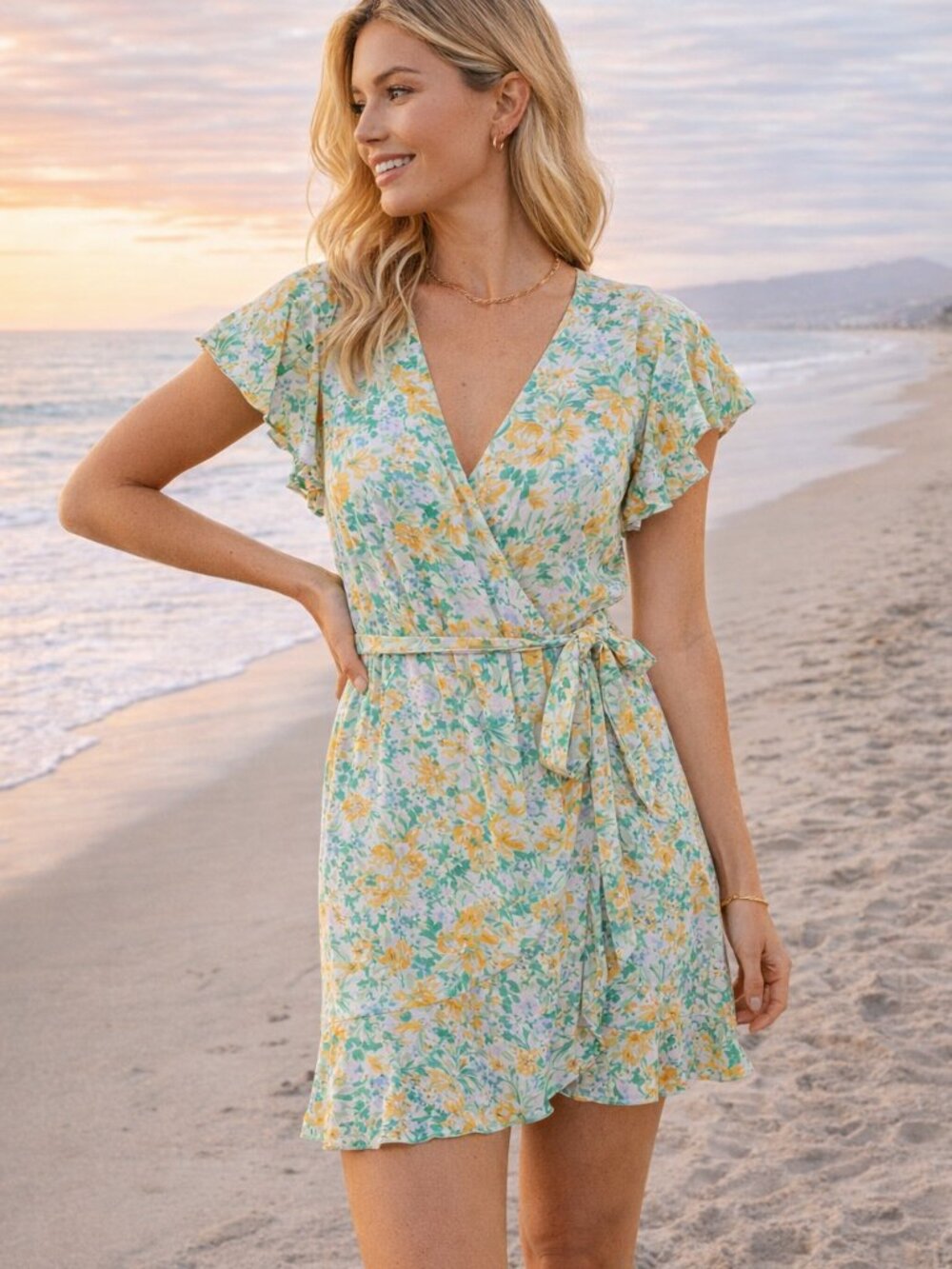 Billabong Blue and Yellow V-Neck Flutter Sleeve Mini Dress NWOT